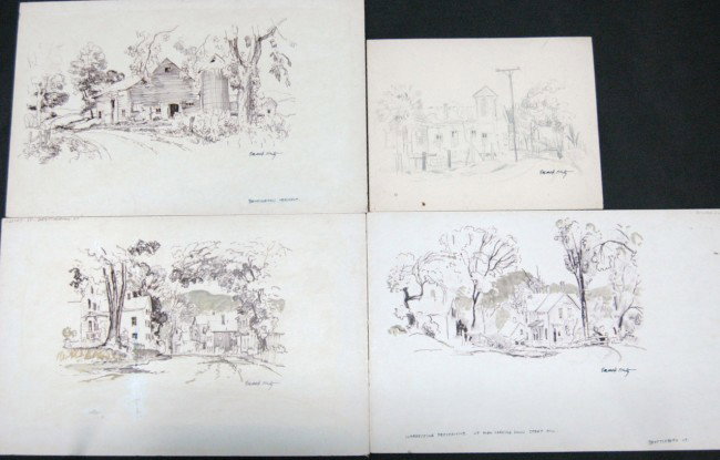 EMMETT FRITZ - 4 DRAWINGS: EMMETT FRITZ - 4 FELT TIP PEN AND PENCIL DRAWINGS OF RURAL VERMONT TOWNS AND FARMS