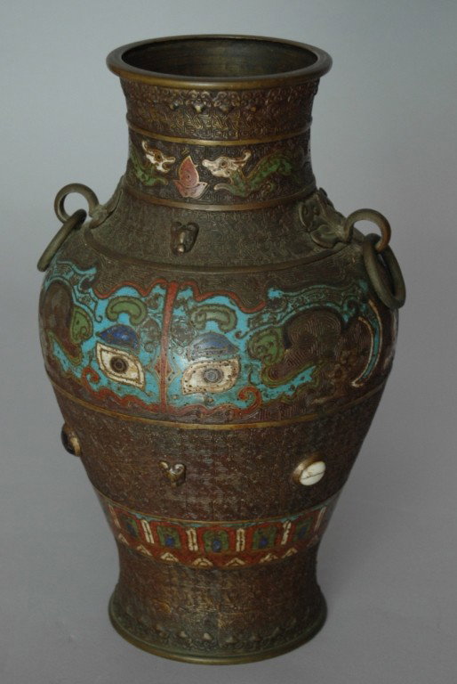 CHAMPLEVE VASE: EARLY CHAMPLEVE VASE WITH CABACHONS STONES AND RING HANDLES, SIGNED, 12H.