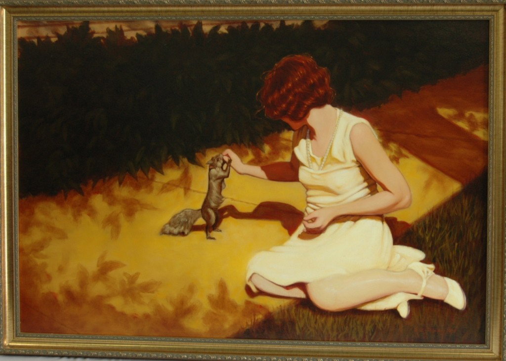 POLLY PODOLSKY OIL ON BOARD: POLLY PODOLSKY O/B, "MUSE AND SQUIRREL" 40 W, 27H.