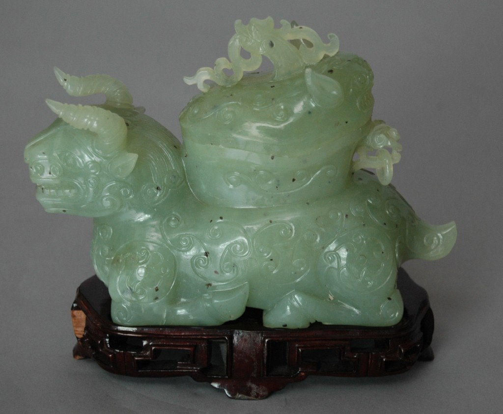 CARVED JADE BULL: ORIENTAL CARVED JADE KNEELING BULL CENSER WITH LID, ON STAND, 6.5L, 4.5H.