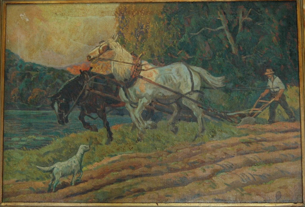 CARL R. KRAFFT OIL ON CANVAS: CARL RUDOLPH KRAFFT, O/C, "PLOWING THE FIELD" WITH SIGNATURE AND THUMB PRINT (HE DID THIS BECAUSE OTHERS WOULD COPY HIS WORK). 22 X 32 IMAGE.