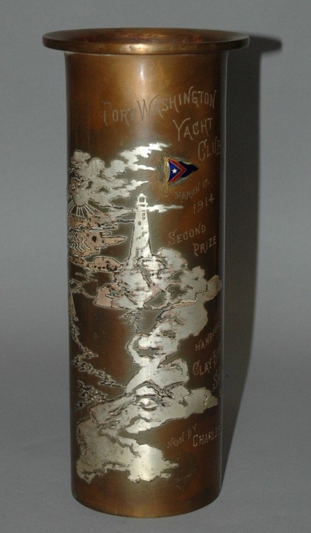 HEINTZ METAL ART TROPHY VASE: SIGNED HEINTZ METAL ART TROPHY VASE, PORT WASHINGTON YACHT CLUB 3/14/1914 WITH LIGHTHOUSE, SUNSET, SAILBOAT AND WATER IN SILVER OVERLAY, 12".
