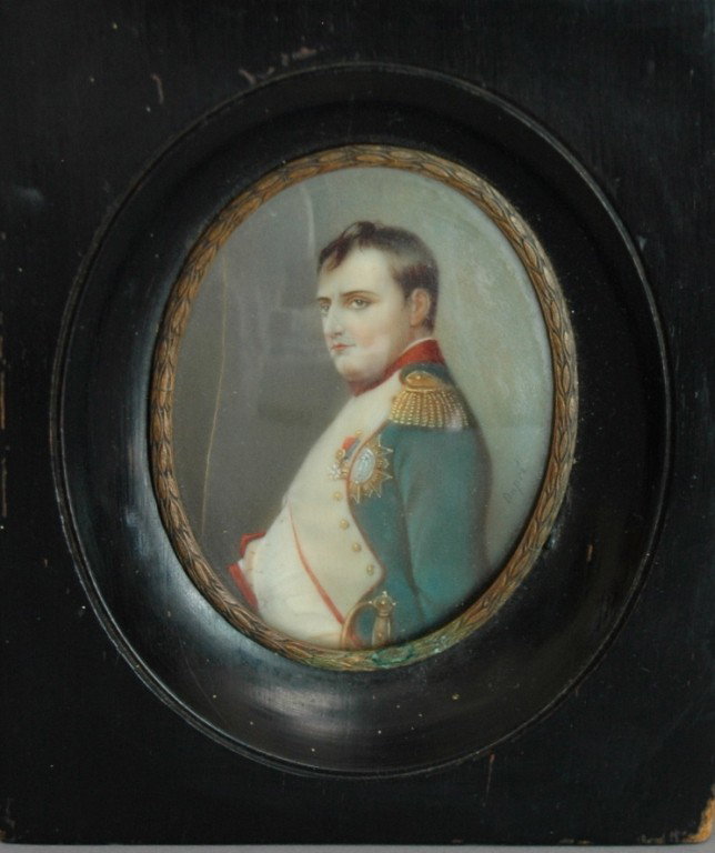 TWO PAINTINGS ON IVORY: TWO MINIATURE PAINTINGS ON IVORY; 3" NAPOLEON SIGNED DUPRE WITH CRACK ON SIDE, 3.75" , MAIDEN (NOT JOSEPHINE), SIGNED BUT ILLEGIBLE, BOTH ORIGINAL FRAMES.