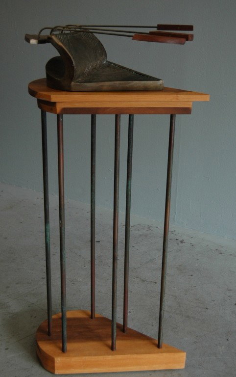 KINETIC ART: KINETIC ART BALANCE MOBILE OF BRONZE AND WALNUT ON CUSTOM WALNUT STAND, 47"H, UNSIGNED.