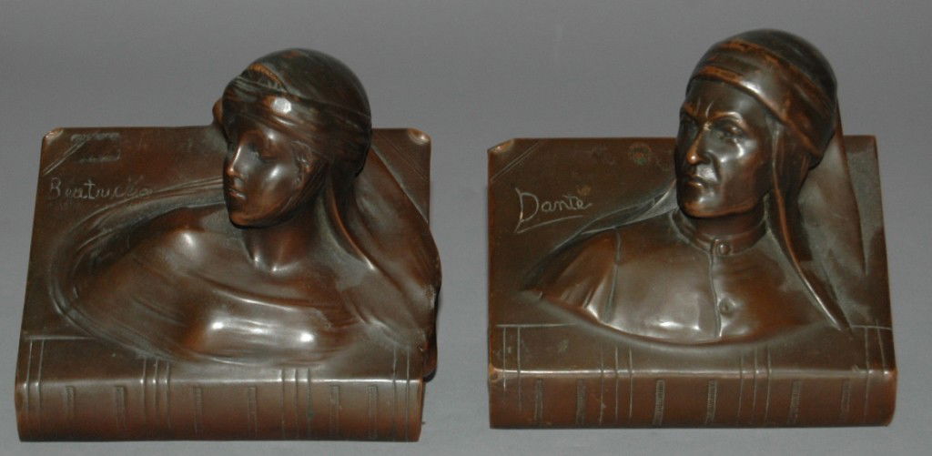 DANTE AND BEATRICE BOOKENDS: BRONZE CLAD DANTE AND BEATRICE BUST BOOKENDS.