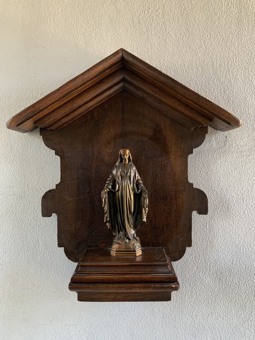 Virgin Mary Welcoming  Bronze Patina Spelter Figure on Oak Altar (1 of 7)