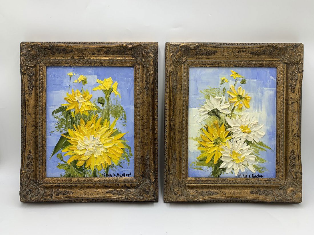 Pair Oil on Canvas Still Life Flower Paintings by Nina D. Buxton: Pair of Oil on Canvas Still Life Flower paintings by Nina D. Buxton. Signed on the lower right. The frame measures 13 1/2" tall x 11 1/2" wide. The canvas measures 10" tall x 8" wide. Please refer to
