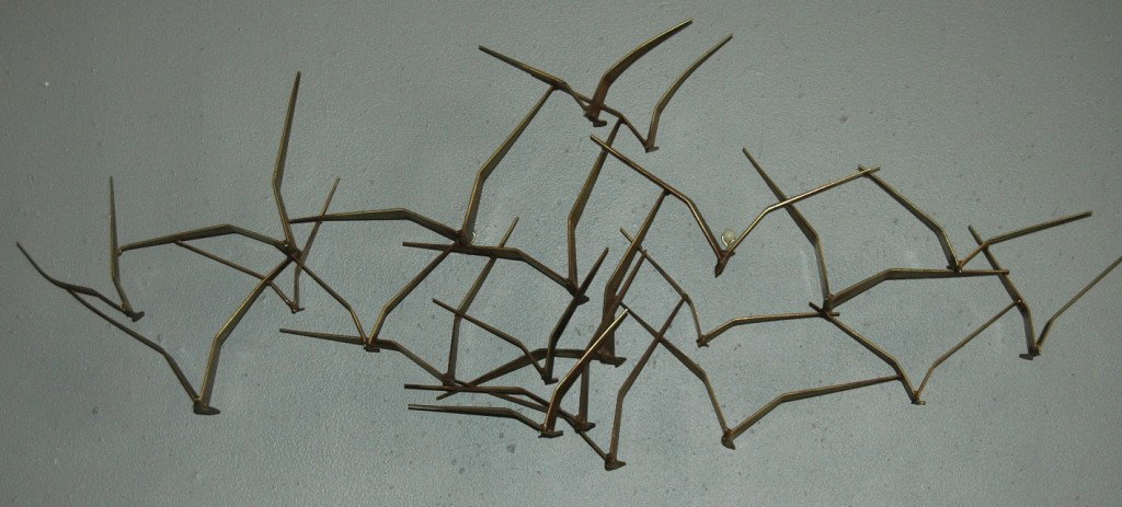 Curtis Jere Wall Sculpture: Curtis Jere signed and dated 1970, brass birds in flight wall sculpture, 21h, 53.5 wide.