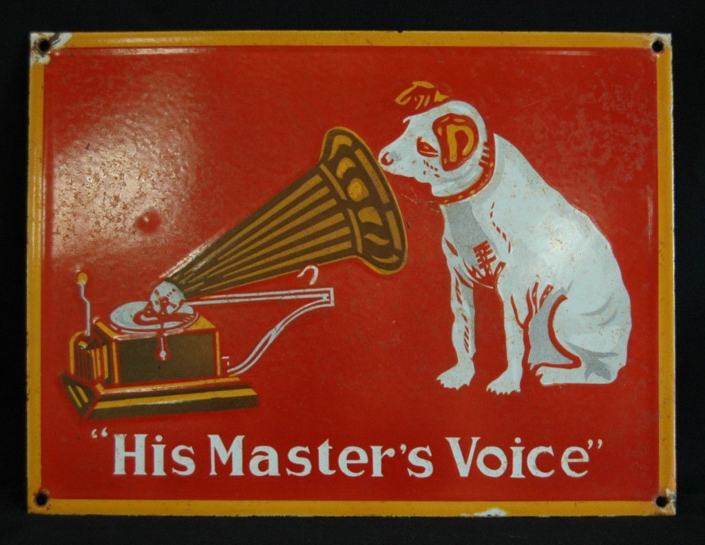 Nipper the RCA Dog Porcelain Sign: Nipper the RCA dog porcelain and steel sign. White dog, brown gram-a-phone on red background with yellow border, with "His Master's Voice" in white lettering.