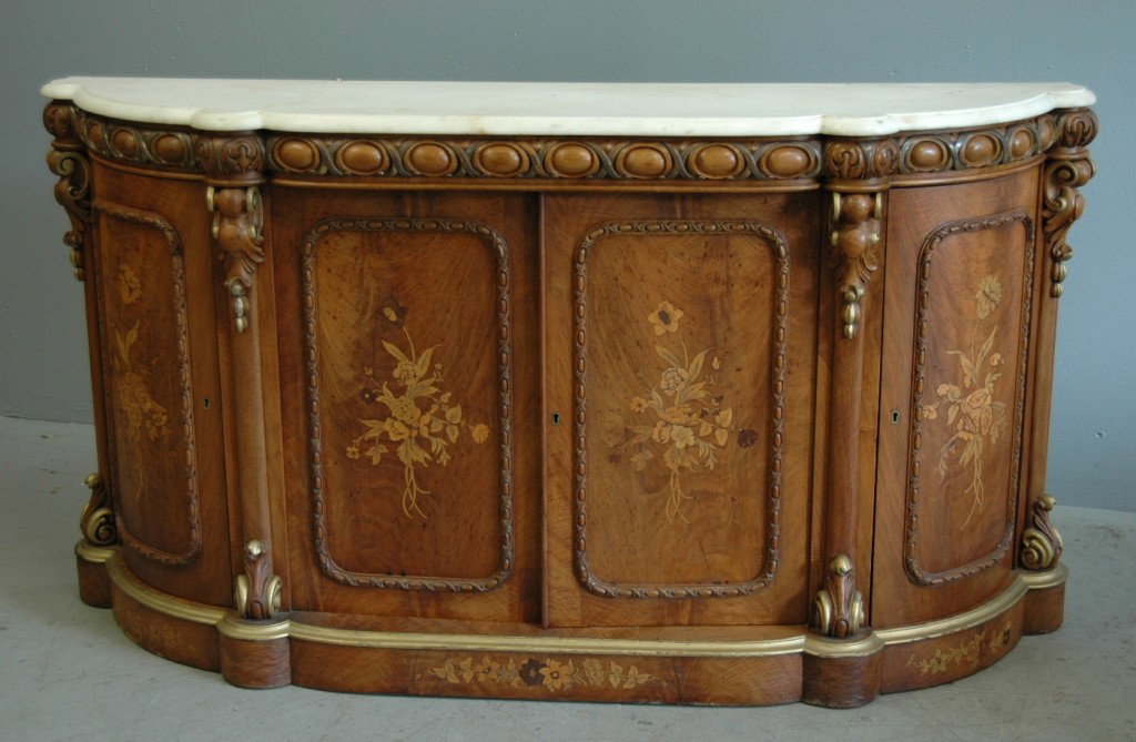 Marquetry Inlaid Marble Top Credenza: French marquetry inlaid marble top credenza, carved egg & rope edge, burled wood finish, 66w, 18d, 37h.
