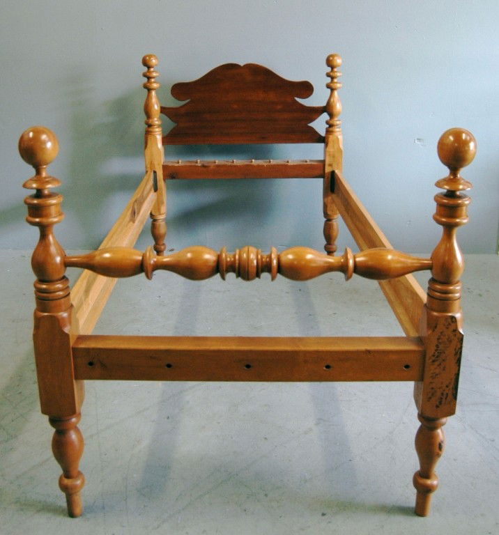 Pair Cannonball Rope Twin Beds (converted) 1 shown: Pair maple cannonball rope twin beds, converted to regular twin beds, turned legs and footboard, shaped headboard, 76l, 40w, 48h.