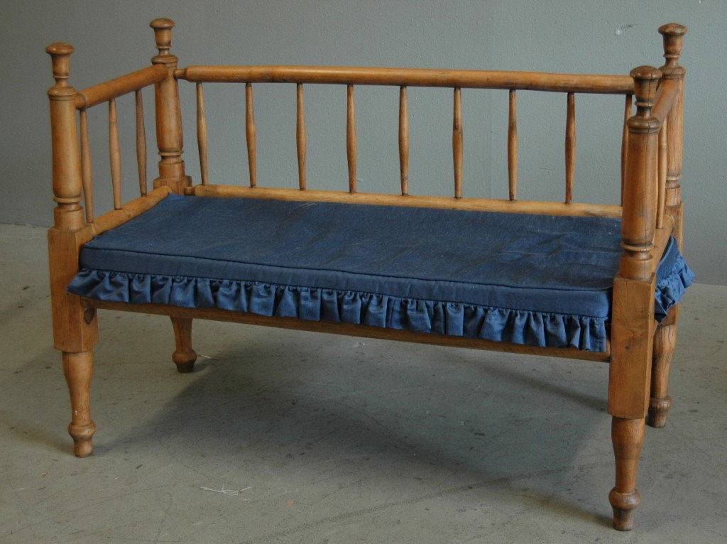 Primitive Settee: Primitive settee made from crib or rope bed, spindle back and sides, 48w, 36h, 22d.