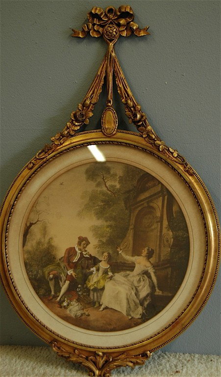 Color Enhanced Mezzotint: Color enhanced mezzotint "Bird on a String", 20" dia. in round frame.