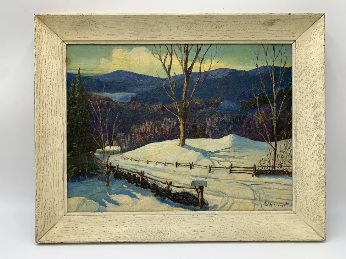 1961 Oil on Board Vermont Winter Snow by George A. Richards: 1961 Oil on Board Vermont Winter Snow by George A. Richards. signed & dated on the lower right corner. The frame measures 15" tall x 19" wide. Please refer to all pictures. In good condition.