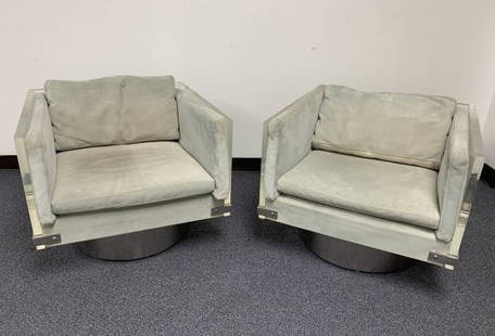 Richard Himmel Lucite & Chrome Swivel Chairs: Pair of Vintage Richard Himmel Lucite & Chrome Swivel Lounge Chairs. The fabric is suede in a light pistachio green color. The chairs measures 23 1/2" tall x 28" wide x 28" depth. Each chair weight: 1