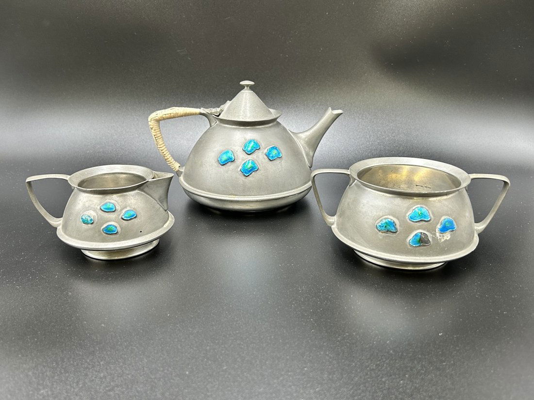 Antique Tudric Pewter Set Teapot, Creamer & Sugar Bowl (1 of 9)