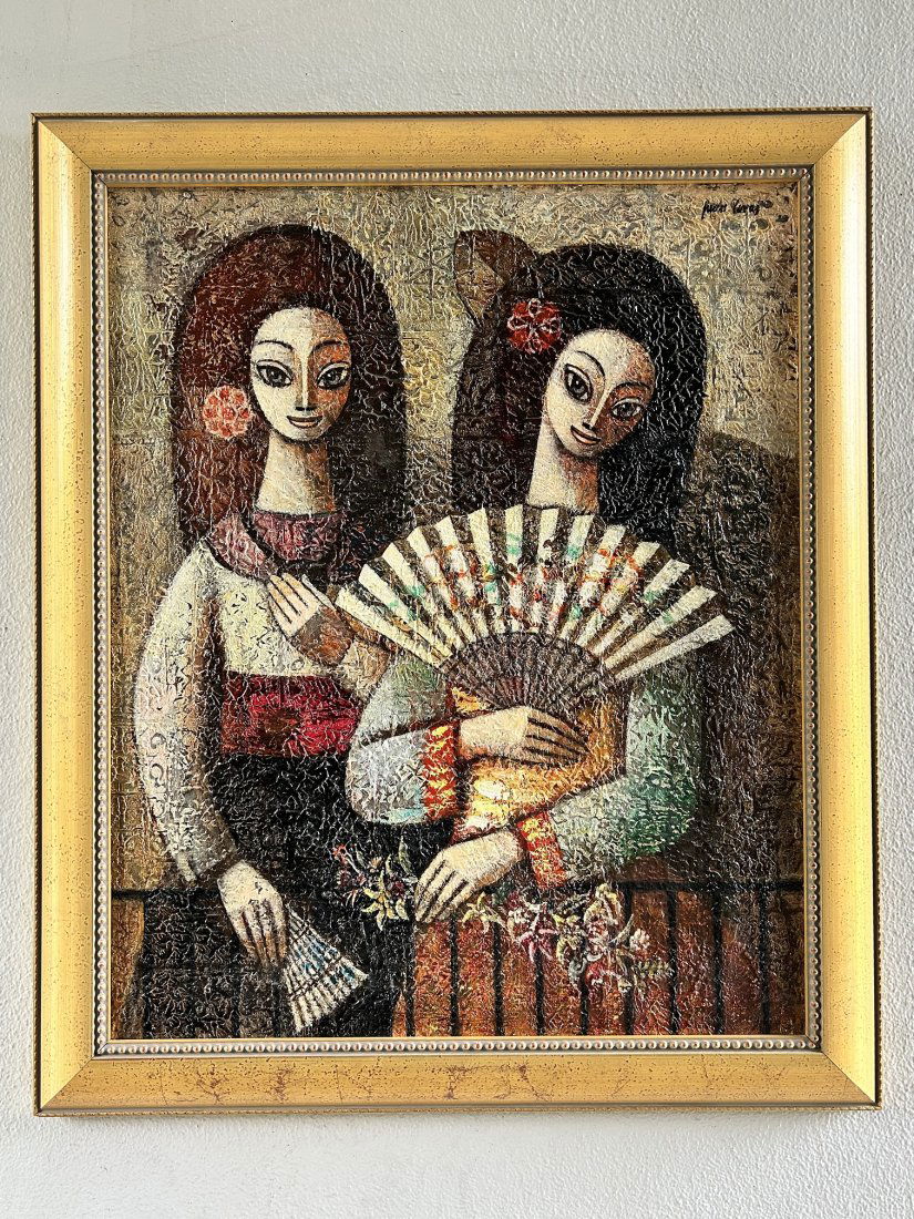 Oil on Canvas "Majas Con Abanicos" painting by Juan Covas: Oil on Canvas "Majas Con Abanicos" painting by Juan Covas. Oil painting title "Majas with fans". Signed on the top right. The frame measures 34" tall x 29 1/2" wide. Please refer to all pictures. Over