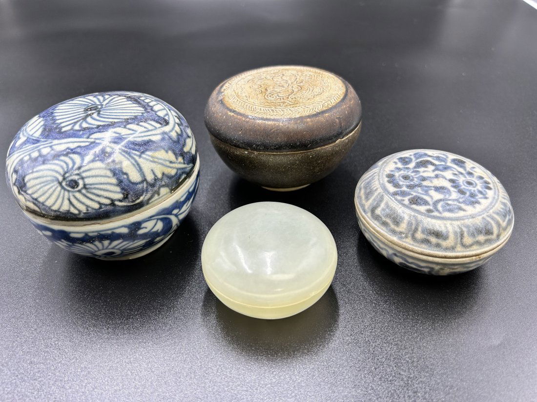 Lot of 4 Chinese Blue & White, Jade Covered Boxes (1 of 19)