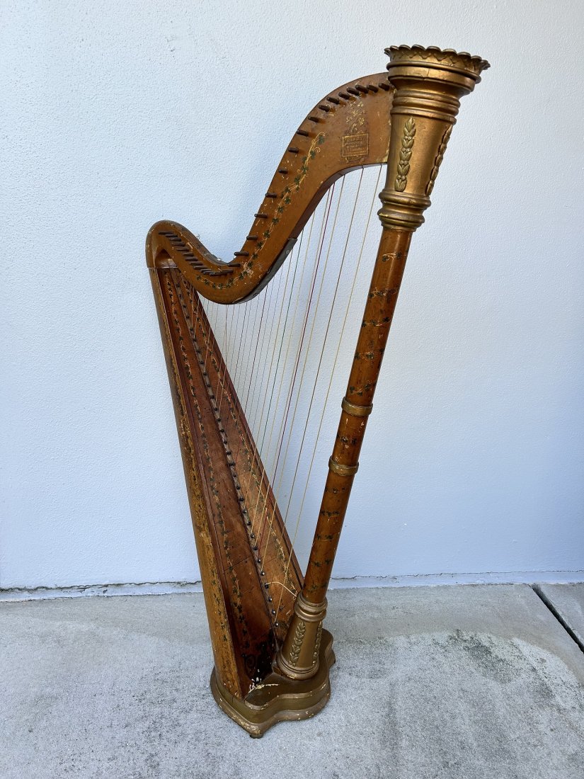 19th Century Joseph George Morley Harp: 19th Century Joseph George Morley Harp. Beautiful hand painted flowers on the surface of the harp. The harp measures 47" tall x 26" wide x 12 1/2" depth. Weight: 16.5 Lbs. Please refer to all pictures