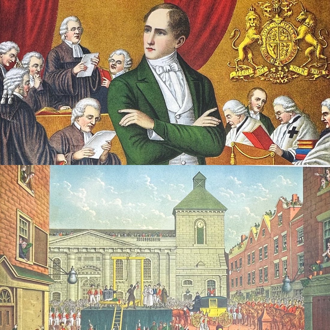 Pair of Kurz & Allison Color Prints - 1803 Robert Emmet Trial & Execution: Pair of Kurz & Allison Color Prints - 1803 Robert Emmet Trial & Execution. (1) The trial of Robert Emmet "His closing remarks". The poster measures 28 1/2" tall x 22" wide. (1) Execution of Robert Emm