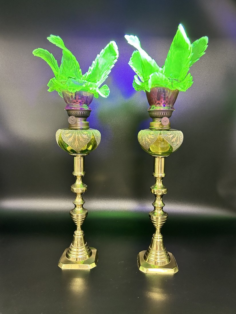 Pair of Early 20th Century Vaseline and Cranberry Glass Oil Lamps (1 of 19)