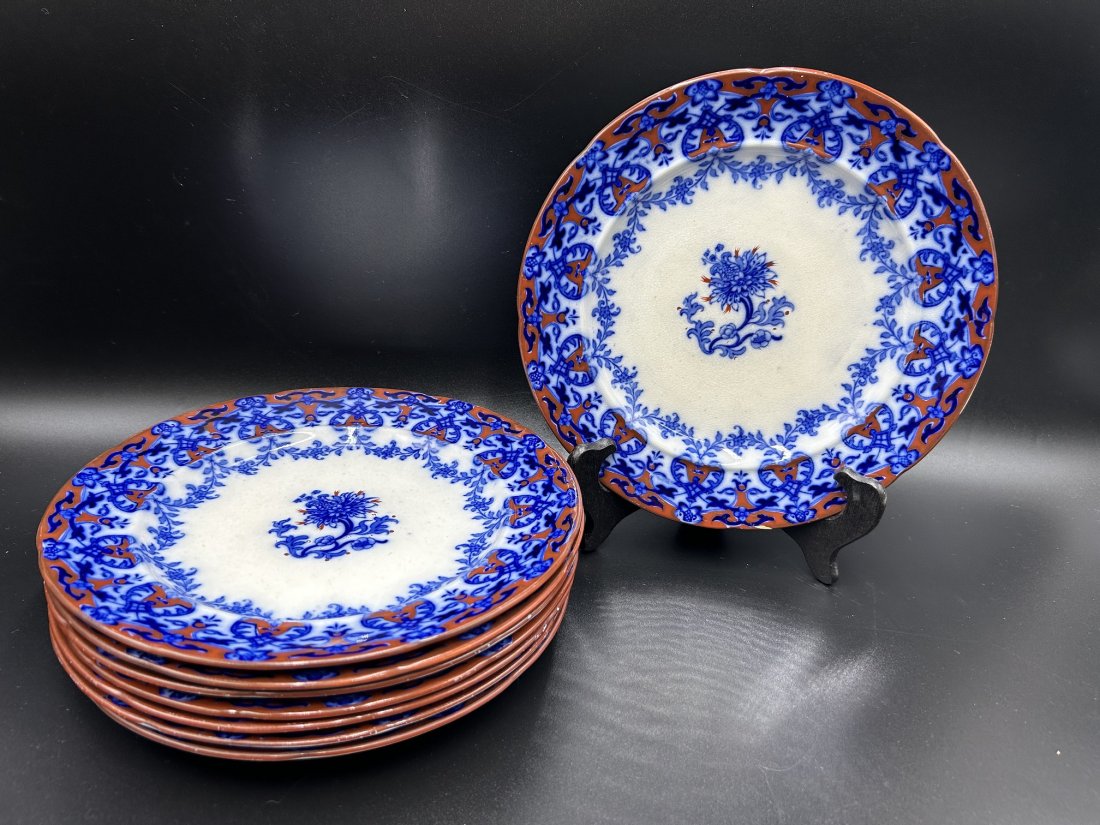 8- 19th Century English Flow Blue Indian Festoon Plates (1 of 17)