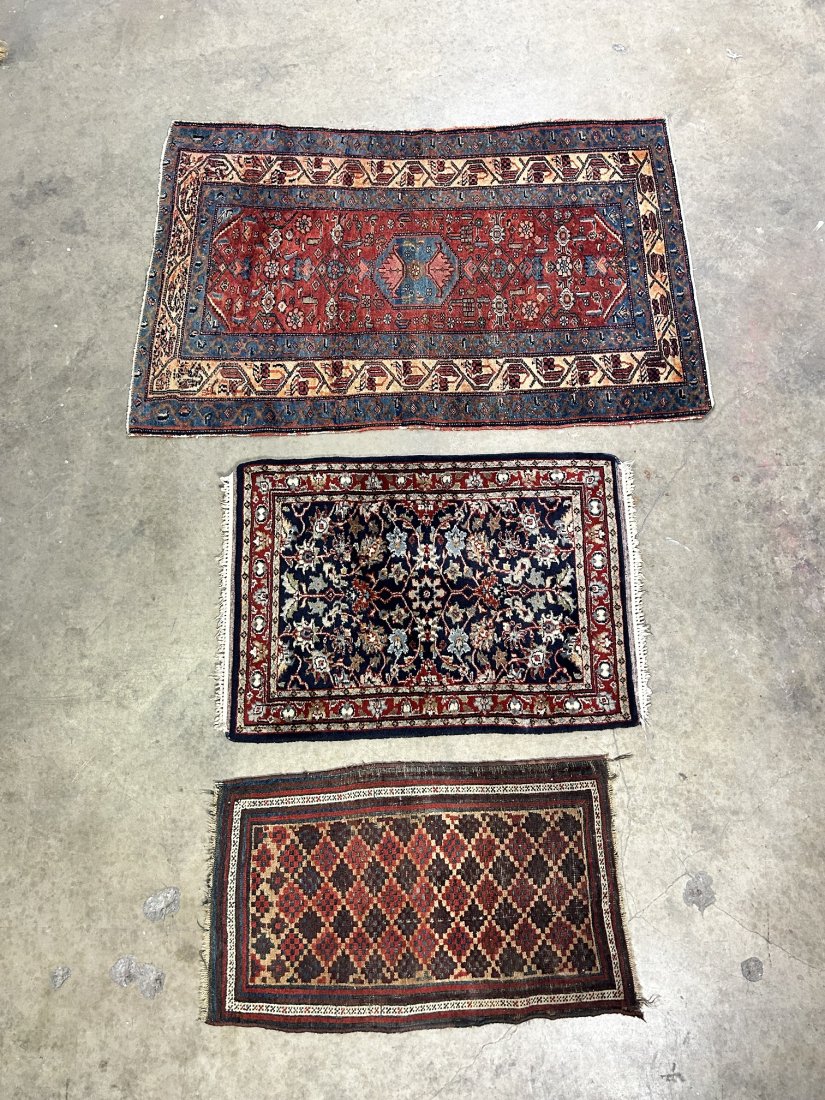 Lot of 3 Persian Prayer Rugs Balouch & Hamedan: Lot of 3 Persian Prayer Rugs. (1) Circa 1920 "Balouch" rug made in Iran measures 20 1/5" tall x 34" length. (1) circa 1970 Persian rug measures 26" tall x 36" length. (1) Circa 1930 Hamedan rug measur
