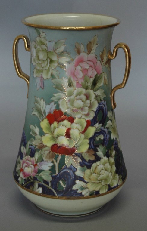 Nippon Hand Painted Vase: Signed Nippon hand painted 2 handled vase covered in colorful flowers with gold trace around each, moriage around rim and middle, 12H green wreath mark, mint.
