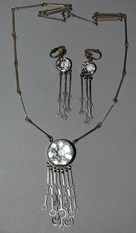 David Anderson Vintage Uni 3 Piece Set: David Anderson, Sweden, vintage UNI 3 piece set to include: 24" necklace and pair of matching earrings each with inset gemstone with "circle and sticks" drops, mark Uni DA 925S M.B.