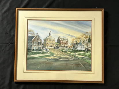 Ed Kitchen Signed Watercolor Town Square Painting: Ed Kitchen Signed Watercolor Town Square Painting. Ed Kitchen, of Lancaster, Ohio is a retired high school art teacher who enjoys painting town scenes of the past. Signed e. kitchen at bottom right