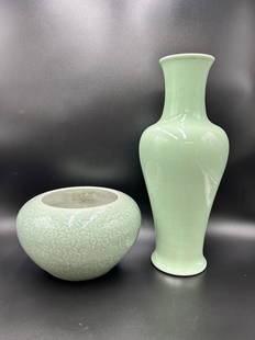 Contemporary Chinese Celadon Vase & Bowl: Contemporary Chinese Celadon Vase & Bowl. The vase measures 17" tall x 7" wide. The bowl measures 6" tall x 10 1/2" wide. Weight: 15 Lbs. Mark on the bottom of both celadon vessels. Please refer