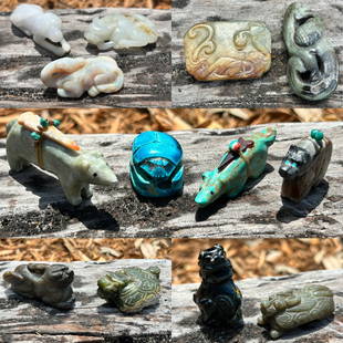 Lot of 13 Hand Carved Smooth Stone and Zuni Turquoise Figures: Lot of 13 Hand Carved Smooth Stone and Zuni Turquoise Figures. Very nice estate lot of carved animal depiction figurines. Carved from Zuni Turquoise, iridescent stone and smooth stone. The smallest