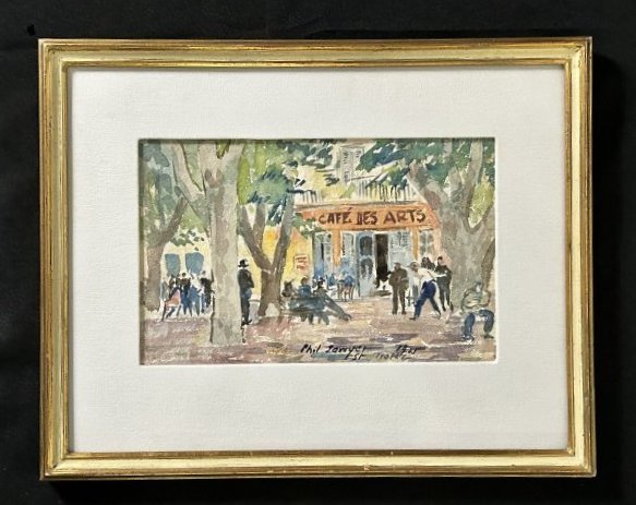 Watercolor Painting "Cafe Des Arts" St. Tropez by Philp Sawyer: Watercolor "Cafe Des Arts" painting by Philp Sawyer. Signed & dated on the bottom right 1925. The watercolor measures 7" tall x 11" wide. The frame measures 13 1/4" tall x 16 3/4" wide. Please refer t