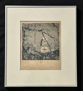 1914 Etching "Moonlight" Signed " Hugo": 1914 Etching "Moonlight" by artist "Hugo" Signed, stamped & dated on the bottom right 1914. The etching depicts a woman holding a torch waiting for her one true love. The etching measures 8' tall