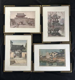 Estate Lot of 4 Artist Signed Japanese Woodblock Framed Art by Hiroshi Yoshida: Estate Lot of 4 Artist Signed Japanese Woodblock Framed Art. Each is a different scene of Japan. Signed & title in pencil by Hirishi Yoshida (1876-1950). The first woodblock is tittle "A little
