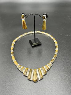 Vintage Mexican Sterling Silver Tiger Eye Necklace & Earring Set: Vintage Mexican Sterling Silver Tiger Eye Necklace & Earring Set. Mark Mexico 950 sterling. The earrings measure 1 3.4" tall x 1/2" wide. The necklace measures 17" length. The combined
