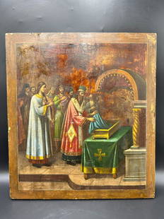 Large Russian Icon Painting "Ceremonial Priest": Large Russian Icon Painting on heavy wood panel. The painting depicts a priest performing a ceremony. The Russian icon measures 18" tall x 16" wide. Please refer to all pictures. In good 
