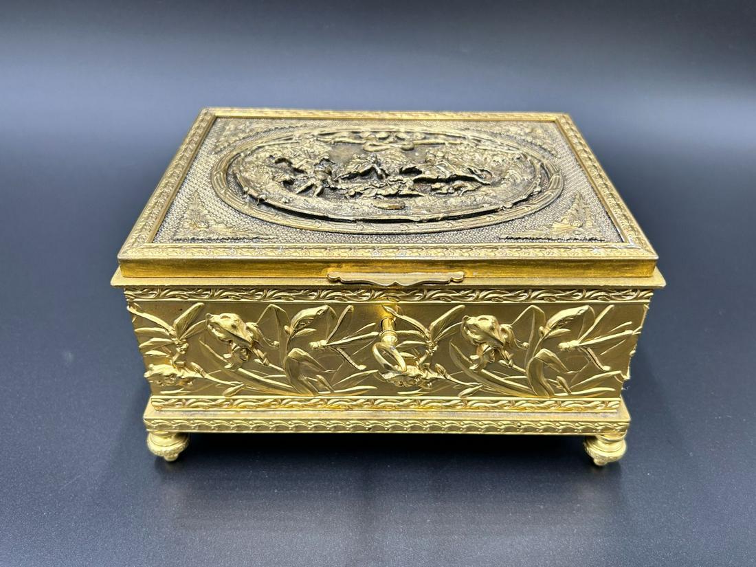 Antique French Footed Jewelry Box Silk Tufted (1 of 12)