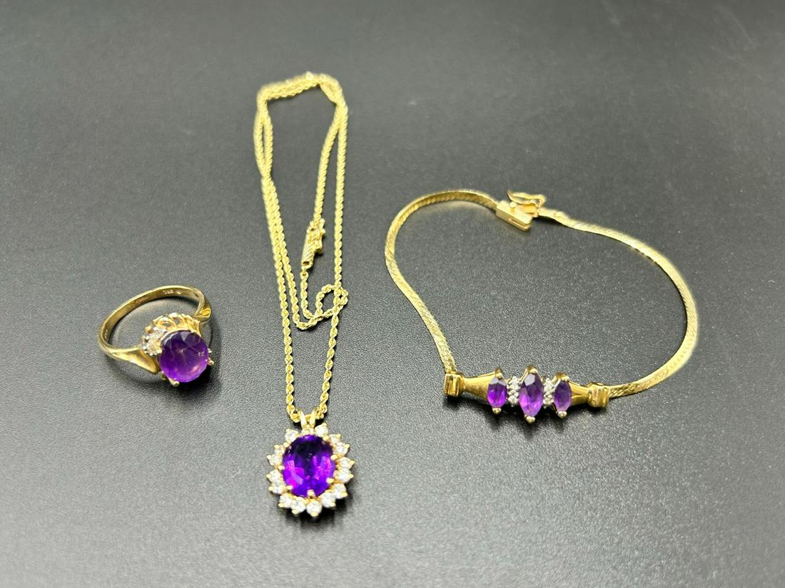 Set of 14K Gold Necklace, Bracelet & Ring with Purple Amethyst (1 of 14)