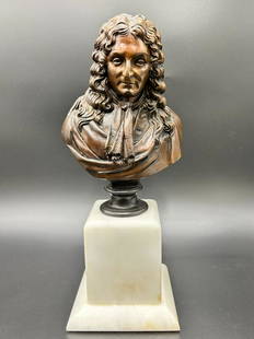 Bronze Bust of Jean De La Fontaine on Marble by F. Barbedienne: Patinated Bronze Bust of Jean De La Fontaine on Marble by F. Barbedienne. Signed & stamp on to the lower back of the bronze bust. The Sculpture on marble measures 13 1/2" tall x 5" wide x 5" depth. We