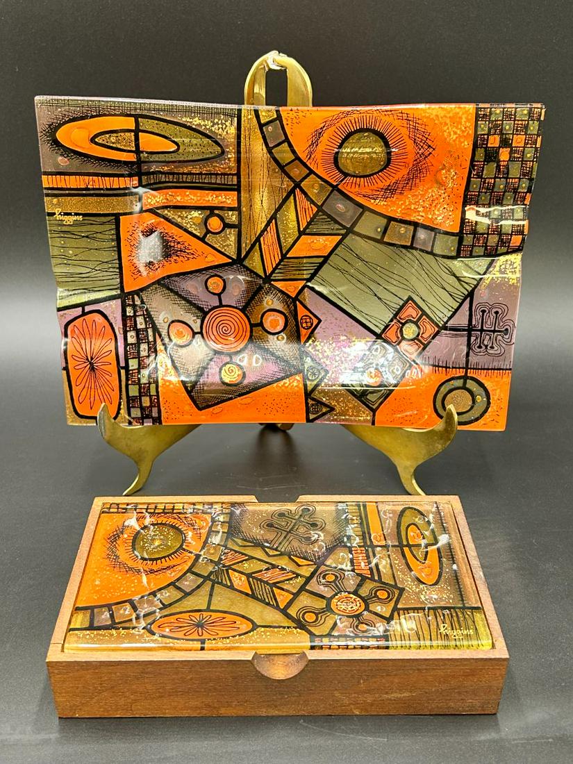1960's Higgins Abstract Glass Tray & Walnut Jewelry Box (1 of 11)