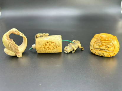 Estate Lot of 3 Artist Signed Japanese Hand Carved Figures: Estate Lot of Artist Signed Japanese Hand Carved Figures. (1) Hand carved face with moving eyes measures 1 1/2" tall. (1) Cat chasing a mouse measures 1 7/8" tall. (1) Bird catching fish measures 1 7/