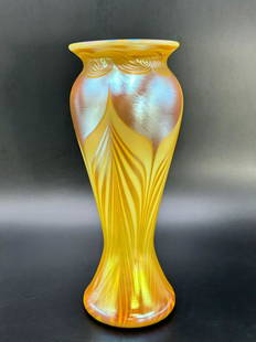 1980s Pulled Feather Art Glass Vase by D.  Carlson: 1980s Pulled Feather Art Glass Vase by D. Carlson. Signed & dated 1984 on the bottom of the vase. The vase measures 10 1/4" tall x 4" wide. Weight:1 Lbs. 5 oz. Please refer to all pictures. NO CHIPS.