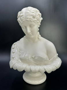 Belleek Porcelain Bust of Clytie Joan Bogart - Parianware: Belleek Porcelain Bust of Clytie Joan Bogart - Parianware. Makers mark on the inside of the bust. The Parian porcelain bust measures 11 1/2" tall x 8 1/2" wide x 5" depth. Weight: 3 Lbs. 3 oz. No chip