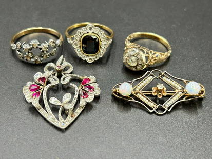 Estate Lot of 18k, 14k & 10k Gold Rings, Pendant & Brooch: Estate Lot of 18k, 14k & 10k Gold Rings, Pendant & Brooch. (3) 14k gold ladies ring size 5 1/2 & 8. (1) 18K white gold pendant measures 1 1/4" tall x 1 1/4" wide. (1) 10k gold pendant measures 7/8". C