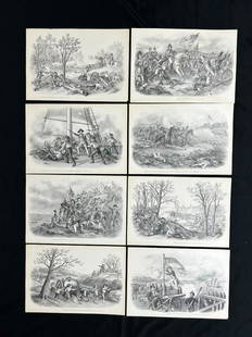 8 Kurz & Allison Chromolithographs of Battles and War -Circa 1910: Lot of 8 Kurz & Allison Chromolighographs of Battles and War -circa 1910. (1). Transporting Munition from Concord-April 19th 1775 (2). Sargi Jasper Recovers the Flag at Charleston-June 28th 1776 (3).