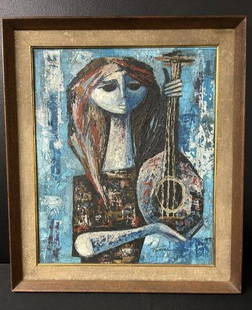 Ivan Tovar Oil on Canvas Surrealist Painting - Woman with Mandolin: Ivan Tovar Oil on Canvas Surrealist Painting of Woman with Mandolin. Ivan Tovar was born in 1942 the Dominican Republic. He arrived in Paris in 1963 through educational credits where he painted