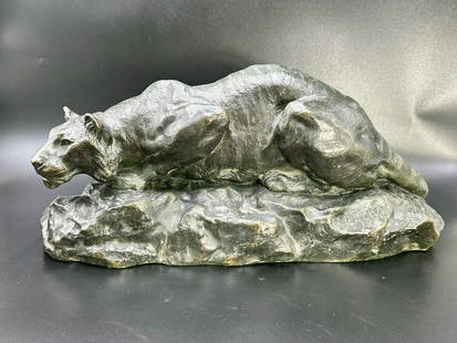 Large Bronze Tiger Sculpture - Francois Auguste Hippolyte Peyrol (French, 1856-1929): Large Bronze Tiger Sculpture - Francois Auguste Hippolyte Peyrol (French, 1856-1929). Signed on the base of the sculpture H. Peyrol. The sculpture of a crouching tiger measures 8" tall x 18 1/2" lengt