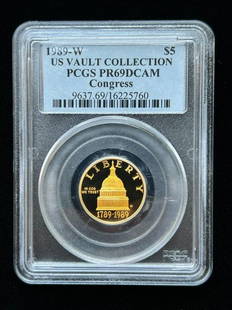 1789-1989 Bicentennial  of the Congress  Liberty $5.00  Gold Coin: 1789-1989 Bicentennial of the Congress Liberty $5.00 Gold Coin. 1989-W US vault collection PCGS PR69DCAM congress 9637.69/16225760. Please refer to all pictures. In excellent condition.