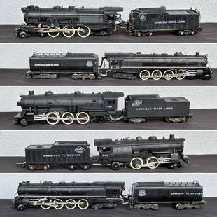 Lot of 5 Vintage American Flyer S Gauge Steam Locomotive Engines & Tenders: Lot of 5 Vintage American Flyer S Gauge Steam Locomotive Engines & Tenders. (1) Gauge locomotive engine & tender number: K335. (1) Gauge locomotive engine & tender number: K312. (1) Gauge locomotive e